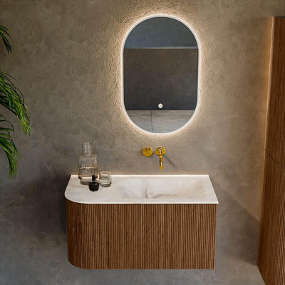 MONDIAZ KURVE-DLUX 85cm Meuble salle de bain avec module 25 G - couleur Walnut - 1 tiroir - 1 porte - vasque CLOUD droite - sans trou de robinet - couleur Frappe