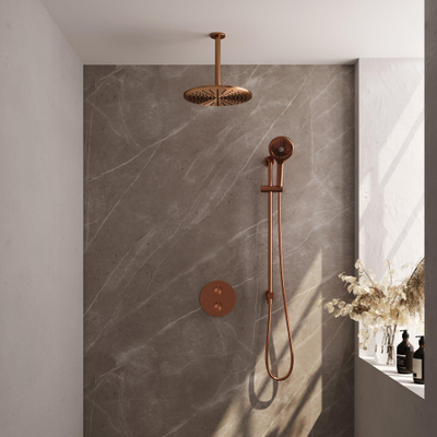 BRAUER Copper Carving douche de pluie encastrée thermostatique - 3 voies - ronde - set 96 - pomme de douche 30cm - bras de plafond - douchette 3 jets - flexible de douche - barre de douche intégrée - cuivre brossé PVD