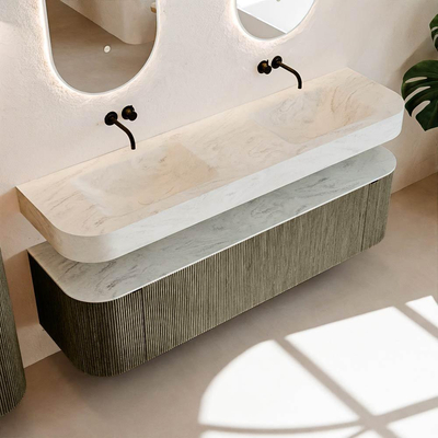 MONDIAZ THOR-DLUX 170cm meuble de salle de bains arrondi gauche + droite couleur Shadow avec 1 tiroir et 2 portes. Vasque suspendue CLOUD Double sans trou de robinet couleur Opalo.