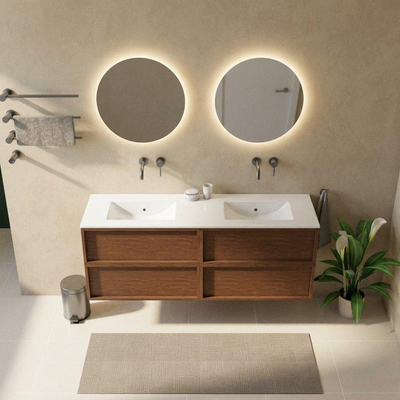 Saniclass Holz Frame Ensemble de meubles de salle de bains - 160x45x62cm - lavabo Vygo en céramique blanc - 2 vasques - sans trous de robinetterie - 4 tiroirs - noyer pure mat (bois)