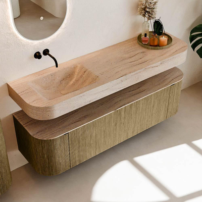 MONDIAZ THOR-DLUX 160cm meuble de salle de bains arrondi gauche + droite couleur Dusk avec 1 tiroir et 2 portes. Vasque suspendue CLOUD Gauche sans trou de robinet couleur Saba.