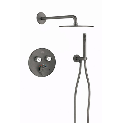 Grohe - Adema Rise Ensemble de douche à effet pluie - rond - coude mural avec support de douchette - flexible de douche lisse - douchette à main - bras mural - pomme de douche de 25 cm - thermostat encastré Grohe SmartControl - graphite dur brossé