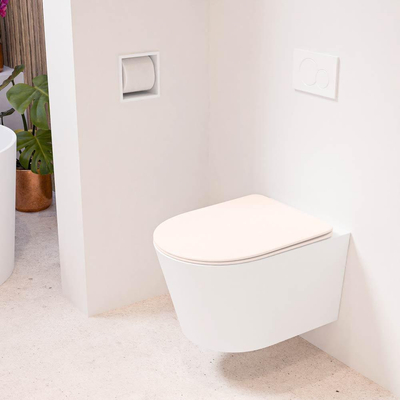 Mondiaz LAVIE hangtoilet – spoelrandloos – 36 x 53 cm – met softclose zitting – Talc (wit), zitting Rosee (roze)