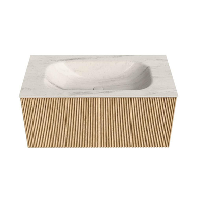 MONDIAZ KURVE-DLUX meuble de salle de bains 90cm couleur chêne avec 1 tiroir et 0 portes. Lavabo BIG SMALL central 1 trou de robinet Meli.