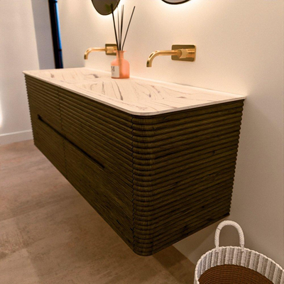 Mondiaz CIRO-DLUX Ensemble de meubles de salle de bains - 140x45x50cm - Plan vasque solid surface Nata - 2 vasques Double - sans trous de robinet - 4 tiroirs - Shadow