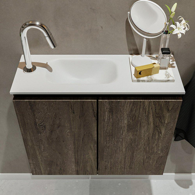MONDIAZ TURE Fonteinset - 60x23x50cm - 1 kraangat - 2 deuren - dark brown mat - Wasbak links - Solid Surface Wit