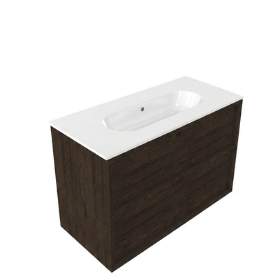 Saniclass Holz Frame Ensemble meuble de salle de bains - 100x45x73.9cm - Vasque en céramique Chaci blanche - 1 lavabo - sans trou de robinet - 2 tiroirs - chêne charcoal mat (bois)