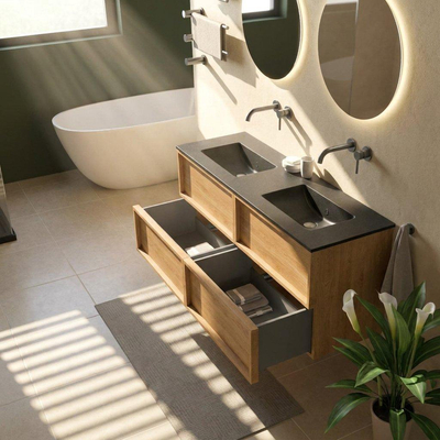 Saniclass Holz Frame Ensemble meuble de salle de bains - 140x45x62cm - lavabo Vygo en céramique noir - 2 vasques - sans trous de robinetterie - 4 tiroirs - chêne natural mat (bois)