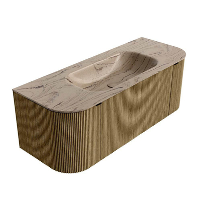 MONDIAZ KURVE-DLUX Meuble de salle de bains 120cm arrondi Gauche + Droite couleur Dusk avec 1 tiroir et 2 portes. Plan-vasque BIG SMALL Central sans trou de robinet Arena.