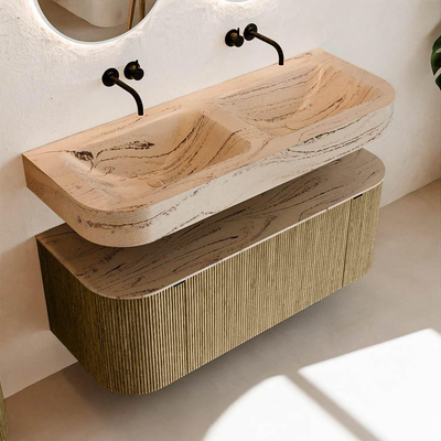 MONDIAZ THOR-DLUX 120cm meuble de salle de bains arrondi gauche + droite couleur Dusk avec 1 tiroir et 2 portes. Vasque suspendue CLOUD Double sans trou de robinet couleur Arena.