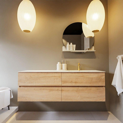 Mondiaz VICA-DLUX ensemble de meuble de salle de bain - 150cm - meuble sous-vasque chêne blanchi - 4 tiroirs - lavabo encastré cloud droite - 1 trou de robinet - version haute de 60cm - opalo