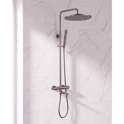 Fortifura Calvi Regendoucheset - thermostatisch - 30cm hoofddouche - metalen slang - staaf handdouche - draaibare baduitloop - Geborsteld Gunmetal PVD