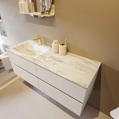 Mondiaz VICA-DLUX ensemble de meuble de salle de bain - 130cm - meuble sous-vasque lin - 4 tiroirs - lavabo encastré nuage gauche - 1 trou de robinet - version haute de 60cm - glace