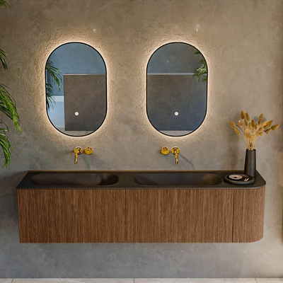 MONDIAZ KURVE 175cm Meuble salle de bain avec module 25 D - couleur Walnut - 2 tiroirs - 1 porte - vasque BIG SMALL double / gauche - sans trous de robinet - Urban