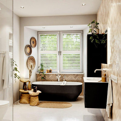 MONDIAZ VICA meuble sous lavabo 80cm Urban 2 tiroirs. Lavabo MOON central sans trou de robinet, couleur Talc.