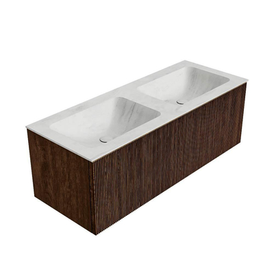 MONDIAZ KURVE-DLUX 120cm badmeubel kleur Walnut met 1 lade. Wastafel LEAF dubbel 2 kraangaten kleur Opalo.