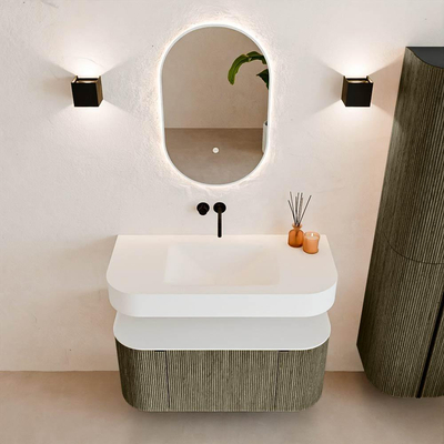 MONDIAZ THOR 100cm meuble de salle de bains arrondi gauche + droite couleur Shadow avec 1 tiroir et 2 portes. Vasque suspendue CLOUD Milieu sans trou de robinet couleur Talc.