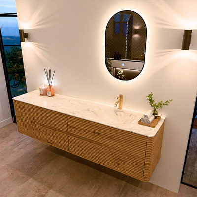 Mondiaz CIRO-DLUX Ensemble de meubles de salle de bains - 190x45x50cm - Plan vasque solid surface Ostra - 1 vasque à droite - 1 trou de robinet - 4 tiroirs - Chêne