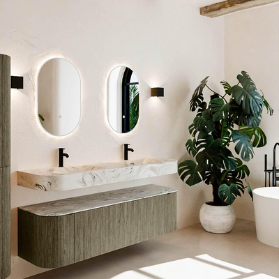 MONDIAZ THOR-DLUX 160cm meuble de salle de bains arrondi gauche + droite couleur Shadow avec 1 tiroir et 2 portes. Vasque suspendue CLOUD Double 2 trous de robinet couleur Glace.