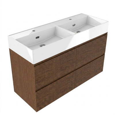 Saniclass Holz Atelier Ensemble meuble de salle de bains - 120x45x72cm - Lavabo Legend en céramique blanc - 2 vasques - 2 trous de robinetterie - 2 tiroirs - walnut pure mat (bois)