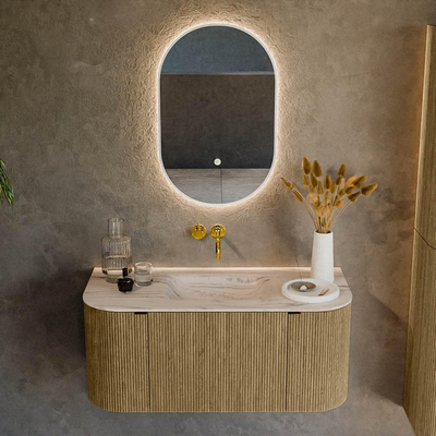 MONDIAZ KURVE-DLUX Meuble de salle de bains 100cm arrondi Gauche + Droite couleur Dusk avec 1 tiroir et 2 portes. Lavabo GRUNNE Milieu sans trou de robinet Nata.