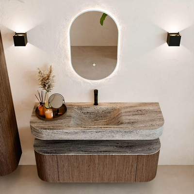 MONDIAZ THOR-DLUX 130cm badmeubel ronding links + rechts kleur Walnut met 1 lade en 2 deuren. Vrijhangende wastafel CLOUD Midden 1 kraangat kleur Oza.