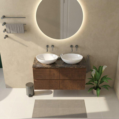 Saniclass Holz Atelier Ensemble meuble de salle de bains - 120x45x63cm - Plan de travail en pierre naturelle Noche dark emperador - sans trou de robinet - 2 tiroirs - walnut pure mat (bois)