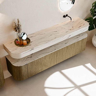 MONDIAZ THOR-DLUX 200cm meuble de salle de bains arrondi gauche + droite couleur Dusk avec 2 tiroirs et 2 portes. Vasque suspendue CLOUD Droite sans trou de robinet couleur Nata.