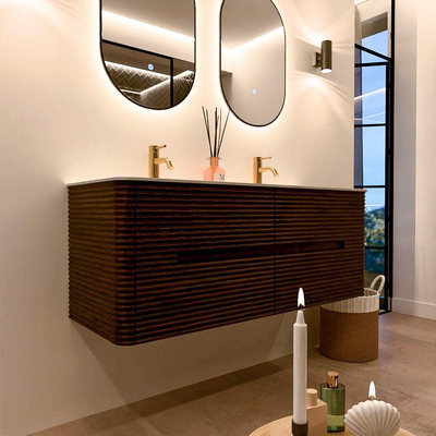 Mondiaz CIRO Ensemble de meuble de salle de bains - 130x45x50cm - Vasque solid surface Talc - 2 vasques double - 2 trous de robinet - 4 tiroirs - Noyer