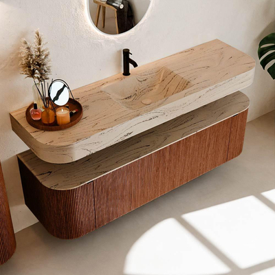 MONDIAZ THOR-DLUX 160cm meuble de salle de bains arrondi gauche + droite couleur Ruby avec 1 tiroir et 2 portes. Vasque suspendue CLOUD Milieu 1 trou de robinet couleur Arena.