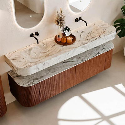 MONDIAZ THOR-DLUX 180cm meuble de salle de bains arrondi gauche + droite couleur Ruby avec 2 tiroirs et 2 portes. Vasque suspendue CLOUD Double sans trou de robinet couleur Glace.