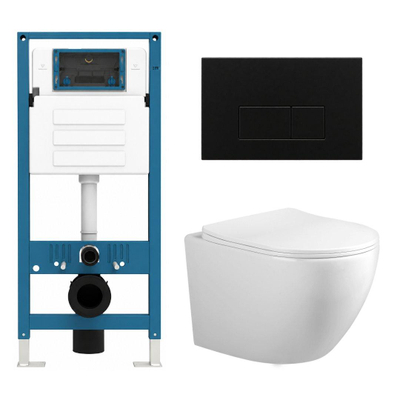 Adema Salina 2.0 Toiletset - 48.5x36x32cm - diepspoel - spoelrandloos - QeramiQ inbouwreservoir - softclose - quickrelease - toiletzitting - mat zwarte metalen bedieningsplaat - rechthoekige knoppen - wit