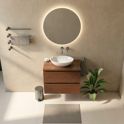 Saniclass Holz Pure Ensemble de meubles de salle de bains - 80x45x63cm - Plan vasque en marbre Dia poli (blanc) - sans trou de robinet - 2 tiroirs - walnut pure mat (bois)