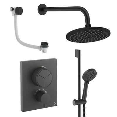 Crosswater MPRO inbouw regendoucheset – Ø20 cm hoofddouche – ronde handdouche – 2 hendels – badafvoer – zwart mat