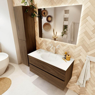 Mondiaz VICA 100cm meuble de salle de bain sous-vasque Mocha 2 tiroirs. Lavabo MOON milieu 1 trou de robinet, couleur Talc.
