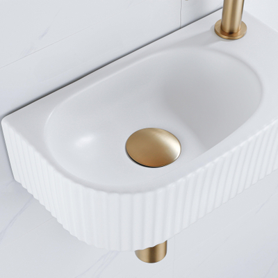 Fugaflow Efficiente Pietra Set de Fontaine - 40x21,5x12 cm - droite - rainurée - demi-ronde - 1 trou pour robinet - céramique - robinet de fontaine en laiton brossé - bouchon de vidange - siphon abaissé - blanc mat