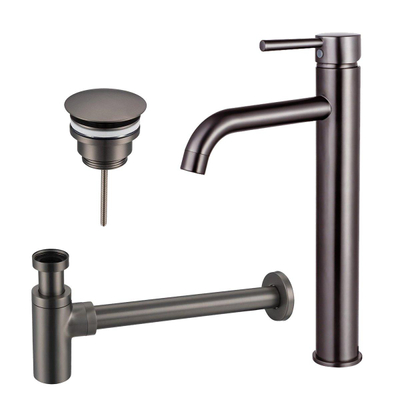 Fortifura Calvi Wastafelkraanset - verhoogde wastafelkraan - always open plug - design - sifon - PVD - geborsteld gunmetal (antraciet)
