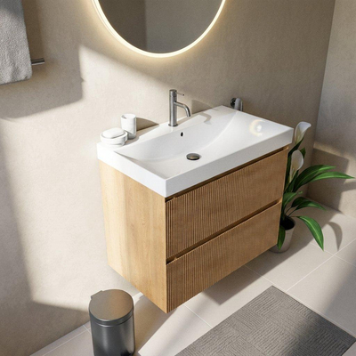 Saniclass Holz Atelier Ensemble de meuble de salle de bains - 80x45x67.5cm - lavabo Wave en céramique - 1 vasque - 1 trou de robinetterie - 2 tiroirs - chêne natural mat (bois)