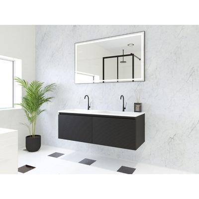 HR Matrix ensemble meuble de salle de bain 3d 120cm 2 tiroirs sans poignée avec bandeau couleur noir mat avec vasque fine double 2 trous de robinetterie blanc mat