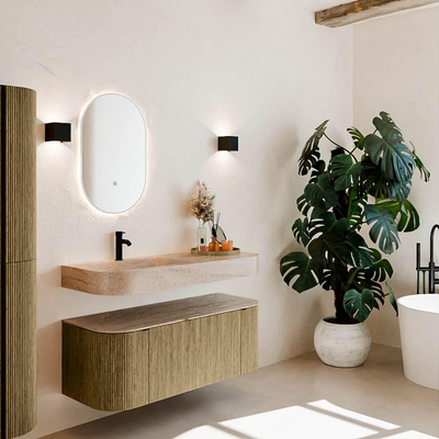 MONDIAZ THOR-DLUX 120cm meuble de salle de bains arrondi gauche + droite couleur Dusk avec 1 tiroir et 2 portes. Vasque suspendue CLOUD Gauche 1 trou de robinet couleur Saba.