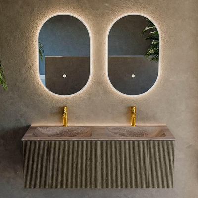 MONDIAZ KURVE-DLUX Meuble de salle de bains 120 cm couleur Shadow avec 1 tiroir et 0 porte. Lavabo LEAF Double 2 trous de robinet Oza.