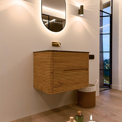 Mondiaz CIRO-DLUX Meuble de salle de bains - 70x45x50cm - lavabo solid surface Lava - 1 vasque au milieu - sans trous de robinet - 2 tiroirs - Chêne