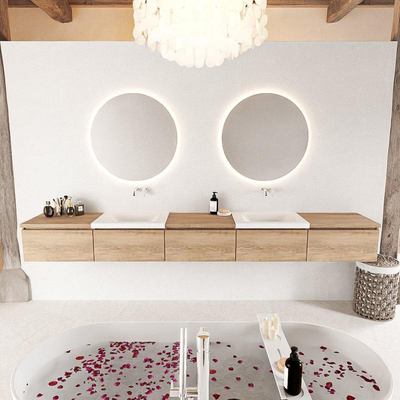 MONDIAZ BUKLA meuble de salle de bain 300cm avec module 60 couleur Chêne blanchi avec 5 tiroirs. Lavabo CLOUD double 0 trou de robinet couleur Talc.