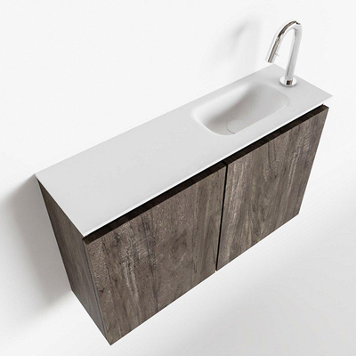 MONDIAZ TURE Kit lave-mains - 80x23x50cm - 1 trou de robinet - 2 portes - marron foncé mat - Lavabo à droite - Solid Surface Blanc