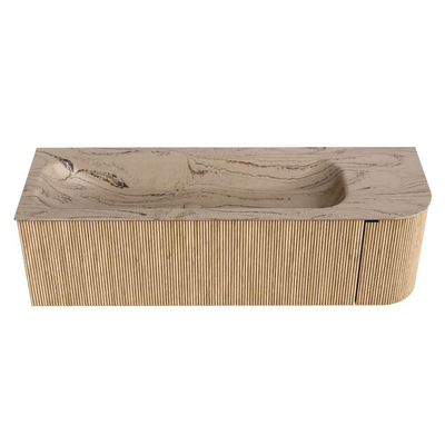 MONDIAZ KURVE-DLUX meuble de salle de bains 145cm courbe droite couleur chêne avec 1 tiroir et 1 porte. Vasque BIG LARGE gauche sans trou de robinet Arena.