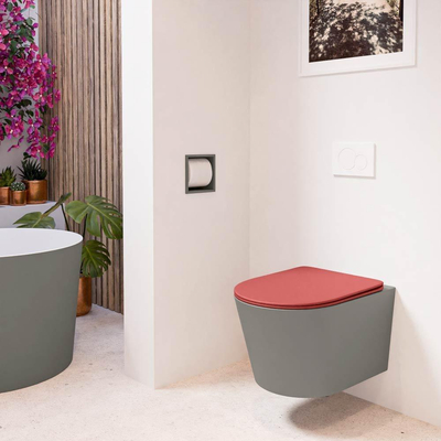 Mondiaz LAVIE hangtoilet – spoelrandloos – 36 x 53 cm – met softclose zitting – Smoke (lichtbruin), zitting Fire (rood)