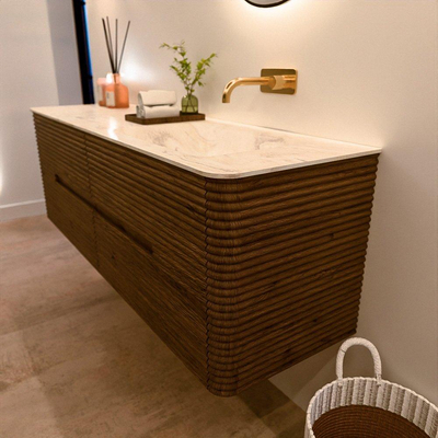 Mondiaz CIRO-DLUX Badkamermeubelset - 150x45x50cm - Solid surface wastafel Ostra - 1 wasbak Rechts - zonder kraangaten - 4 lades - Dusk