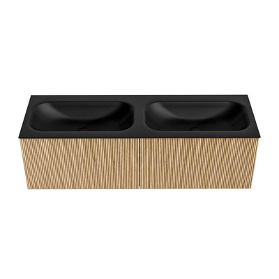 MONDIAZ KURVE Meuble de salle de bains 140 cm couleur Oak avec 2 tiroirs. Lavabo BIG SMALL double 2 trous de robinet Urban.