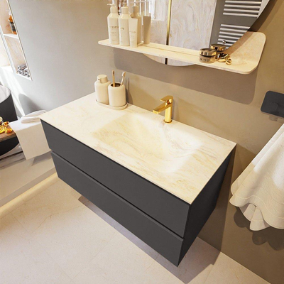 Mondiaz VICA-DLUX Ensemble de meuble de salle de bain - 100cm - meuble sous-vasque gris foncé - 2 tiroirs - lavabo encastré cloud droite - 1 trou de robinet - version haute de 60cm - ostra