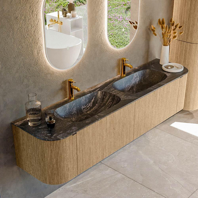 MONDIAZ KURVE-DLUX Meuble de salle de bains 190cm avec module 25 Len R couleur Chêne avec 2 tiroirs et 2 portes. Lavabo STOR SMALL double 2 trous de robinet couleur Lava.